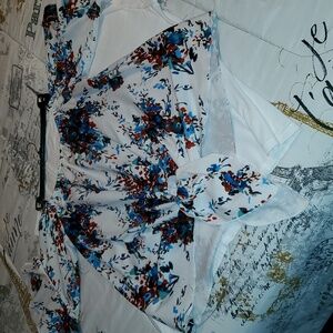 Off-Shoulder High-Low Floral Tie-Front Skirt - White with Blue & Brown Floral